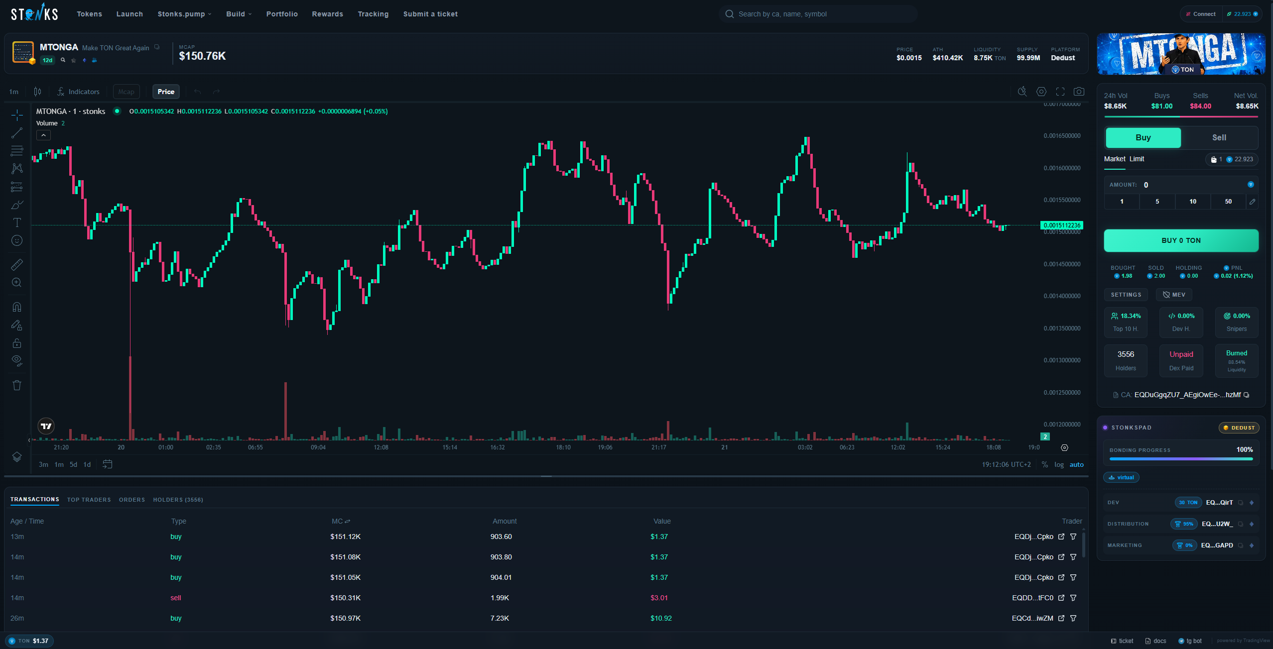 Stonks trading terminal — live price chart, order book, buy / sell panel
