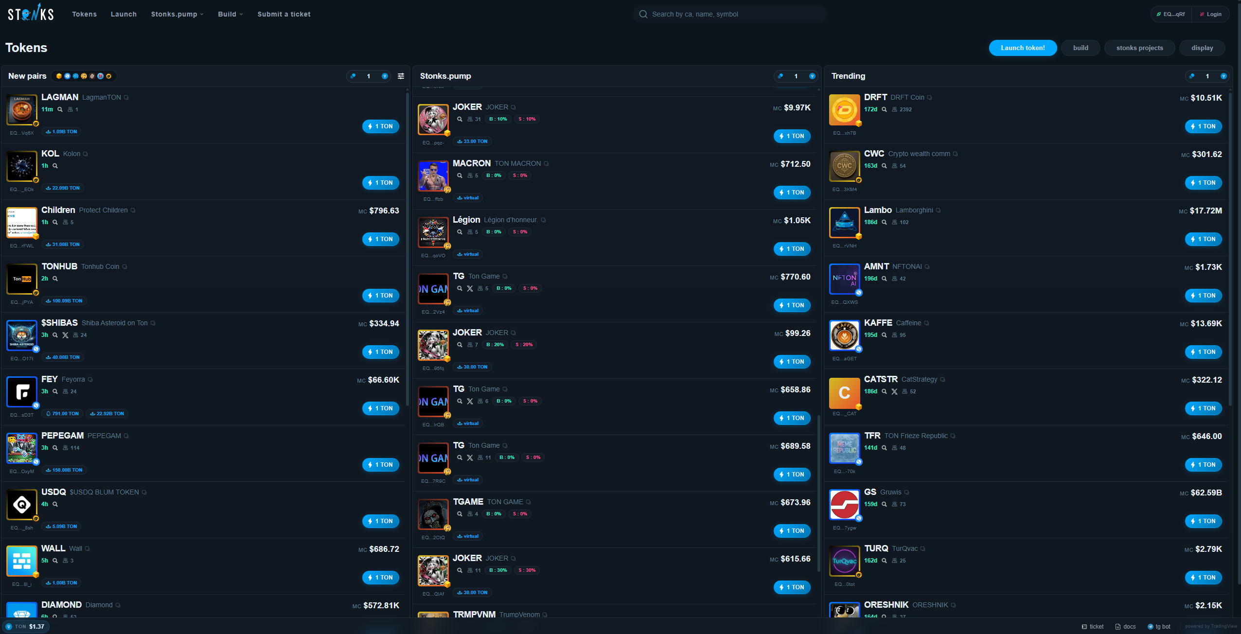 Stonks token explorer — live feed of new tokens, mcap, holders, CA checks
